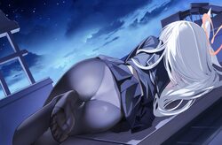 1girl absurdres ass black pantyhose black serafuku black skirt blue archive clothes lift cloud commentary facing away f…