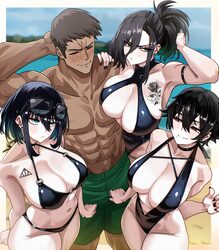 1boy 3girls absurdres arm hug averting eyes bikini black bikini black choker black hair black nails black one-piece swi…