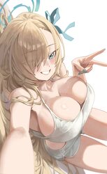 1girl absurdres asuna (blue archive) bare shoulders blonde hair blue archive blue eyes blue halo blush breasts cleavage…