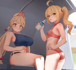 2girls ahoge alice thymefield animal ears ass blonde hair blue buruma blue sports bra bottle breasts buruma commentary …