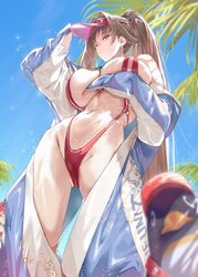 2girls arm up bare shoulders bird breasts brown hair commentary request day from below goddess of victory  nikke large …
