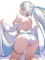 1girl absurdres ass back bare shoulders bikini blue eyes blue hair blush braid breasts commentary request commission de…