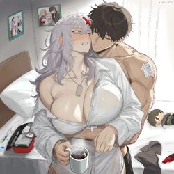 1boy 1girl admi (nikke) alternate costume apple apel bandaid bite mark blush breasts cleavage coffee collarbone collare…