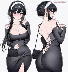 1girl absurdres ass back bag bare shoulders black bag black hair black sleeves blush breasts cleavage closed mouth coll…