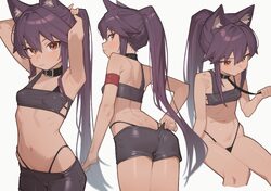 1girl absurdres animal ears armpits arms behind head arms up ass bandeau belt collar bike shorts bike shorts pull breas…