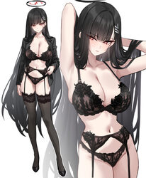 1girl absurdres armpits arms behind head black bra black hair black halo black jacket black panties black thighhighs bl…