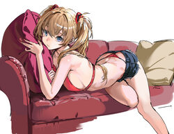 1girl ass bare shoulders bikini blue eyes breast press breasts chinese commentary commentary request couch denim denim …