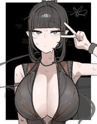 1girl alternate breast size (larger) azz0422 baldurs gate baldurs gate 3 black background black hair border breasts cle…