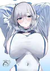 1girl arms behind head black eyes blue archive blue halo blush breasts commentary request covered navel doodle sensei (…