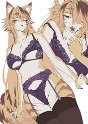 1girl absurdres animal ear fluff animal ears black nails black thighhighs blonde hair bra breasts cleavage commentary e…