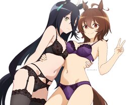 2girls absurdres agnes tachyon (umamusume) ahoge animal ears black bra black hair black panties black tail black thighh…
