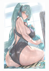 1girl aqua hair ass black one-piece swimsuit blush breasts commentary competition school swimsuit from behind goddess o…