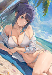 1girl ai-assisted amiki yuzuru bare shoulders beach bikini blunt bangs breasts cleavage closed mouth commentary day hal…