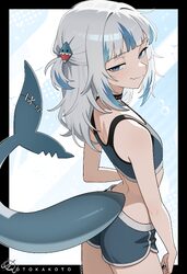 1girl absurdres alternate costume artist name ass back black border black choker blue eyes blue hair blue shorts blue s…