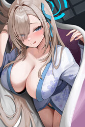 1girl absurdres asuna (blue archive) black panties blonde hair blue archive blue eyes blue halo blue kimono breasts cle…
