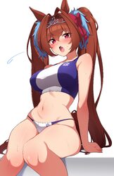 1girl absurdres animal ears antenna hair arm support bare arms blush bow breasts brown hair brown tail commentary crop …