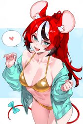 1girl absurdres animal ears bikini black hair black streaks blue background blue eyes blue jacket bluefield bow breasts…