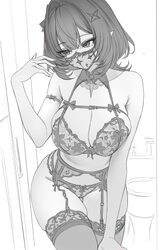 1girl armpit crease bathroom bra breasts cleavage commentary cowboy shot fingernails garter belt greyscale hair intakes…