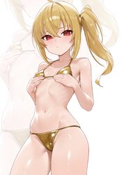 1girl absurdres ahoge alternate costume bare shoulders bikini blonde hair blush breasts closed mouth commentary cowboy …