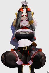 1girl  p absurdres arms up belt black belt black gloves black jacket black nails black skirt black thighhighs black tub…