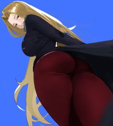 1girl ass ass focus black coat blonde hair blue background breasts closed mouth coat commentary curtained hair fur-trim…