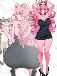 1girl absurdres animal animal on head armpits ashido mina black dress black sclera black shoes blush boku no hero acade…