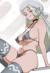 1girl absurdres artist name bikini black choker blue eyes breasts choker commentary covered nipples english commentary …