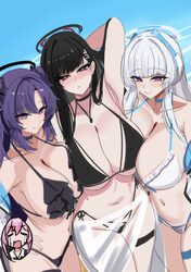4girls absurdres alternate costume armpits bikini black bikini black hair black halo blue archive blue sky breasts comm…