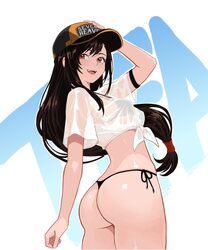 1girl arm strap arm up ass baseball cap bikini black bikini black hair breasts character name commentary cowboy shot cr…