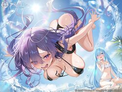 2girls artist request ass azur lane bare arms barefoot bikini black bikini blue eyes blue hair blue sky breasts cloud c…