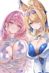 2girls absurdres animal ears artist collaboration artist logo bare shoulders bikini blonde hair blue eyes blush breasts…