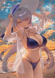 1girl absurdres alternate costume beach bikini blue bikini blue choker blue nails breasts choker cleavage collarbone co…