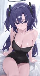 1girl absurdres bare arms bare shoulders black dress blue archive blue eyes blue hair breasts cleavage collarbone comme…