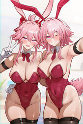 2girls absurdres animal ears arm belt armpits bare shoulders black thighhighs blue eyes blush bonz0616 bow bowtie breas…
