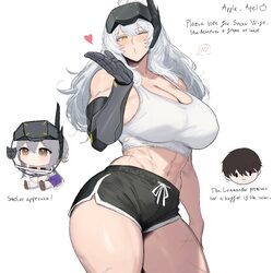 2girls abs alternate breast size (larger) apple apel bare shoulders black shorts blowing kiss blush breasts broad shoul…