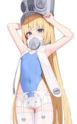 1girl absurdres armpits arms up blonde hair blue eyes blue leotard blush breasts collar commentary covered mouth covere…
