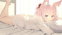1girl absurdres animal ear fluff animal ears ass barefoot bed blue archive blue eyes blush breasts closed mouth comment…