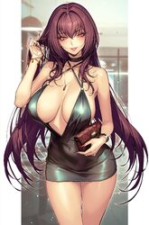 1girl bag bare shoulders black dress blush bracelet breasts choker cleavage commentary covered navel dress fate/grand o…