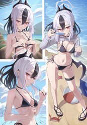 1girl absurdres ball beach beachball bikini black bikini black choker black hair black horns black nails black sandals …