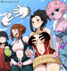 / 5girls artist name ashido mina black choker black eyes black hair black jacket black sclera blue bodysuit blue sky bl…