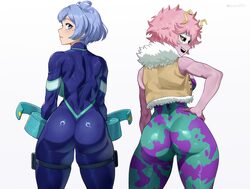 2girls ashido mina ass back bare shoulders black sclera blue bodysuit blue eyes blue hair blush bodysuit boku no hero a…