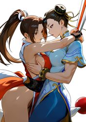 2girls absurdres bare legs blue dress blue leggings breast press breasts brown eyes brown hair chinese clothes chun-li …