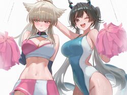 2girls  d absurdres alternate costume aqua one-piece swimsuit arknights arknights  endfield black hair blonde hair blun…