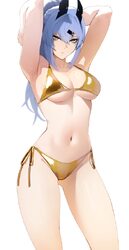 1girl absurdres armpits ass visible through thighs bikini blue hair breasts gold bikini golden week grey eyes highres l…