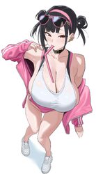 1girl absurdres bikini black hair breasts buruma cleavage commentary double bun drinking straw drinking straw in mouth …