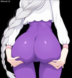 1girl absurdres arms behind back artist name ass ass focus ass support black background bodysuit braid braided ponytail…