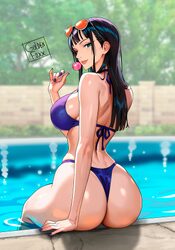 1girl ass bikini black hair blue eyes breasts candy commentary day english commentary eyewear on head food from behind …