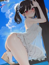1girl ass beijuu beni-chan (beijuu) black hair blue sky blush breasts cloud cloudy sky dress earrings feet from side ha…