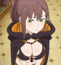 1girl animated belt bikini bikini top only black bikini black shorts breasts brown hair cleavage cloak commentary engli…
