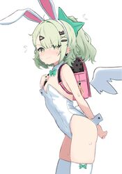 1girl animal ears bag blush bow breasts commentary earrings fake animal ears green eyes green hair hair ornament jewelr…